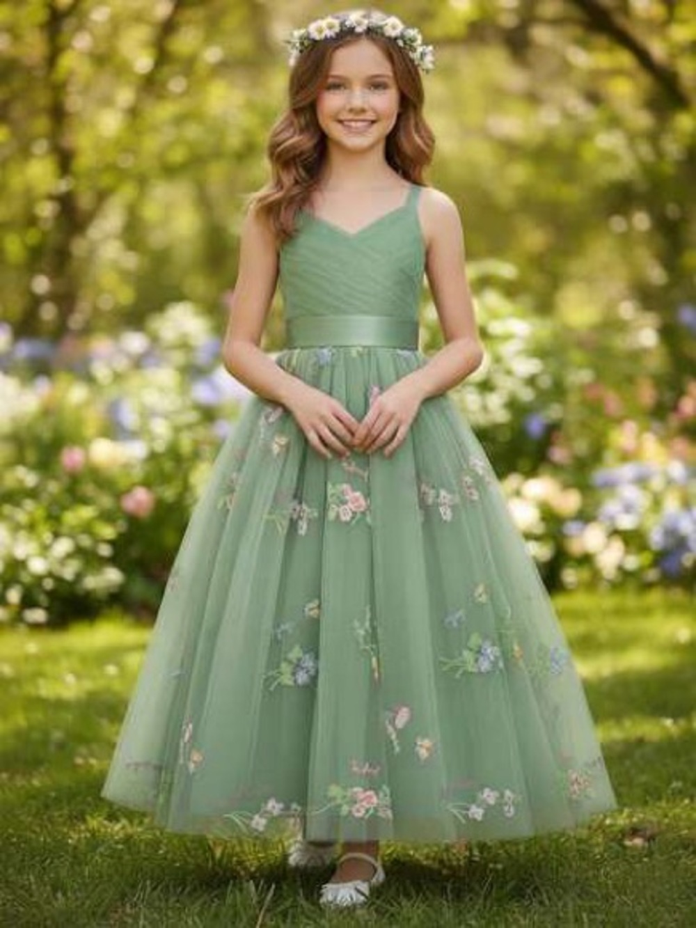 NWT Spaghetti Strap Tulle & Satin A Line Formal Flower Girls Dress